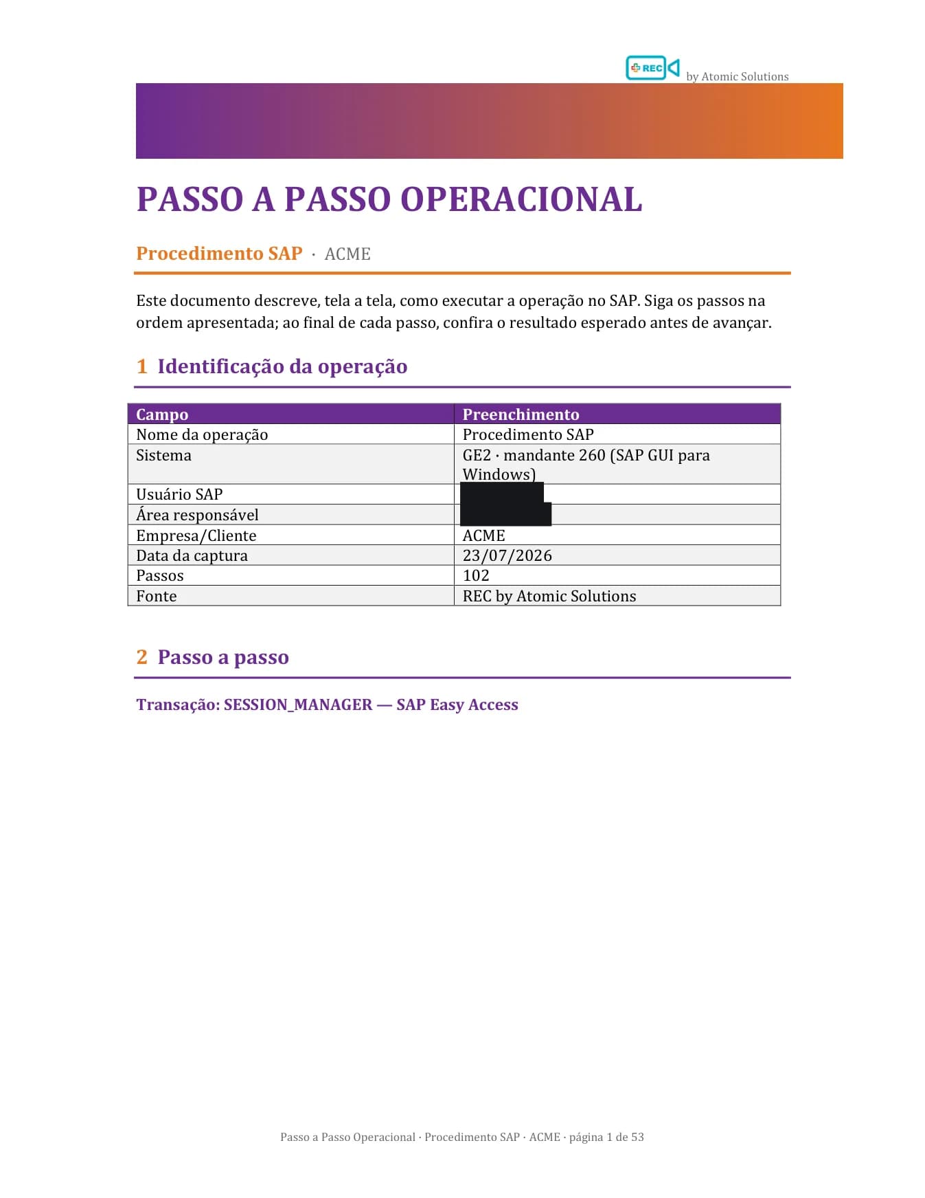 Cover of a document generated by REC: step-by-step operational guide with the SAP operation details table