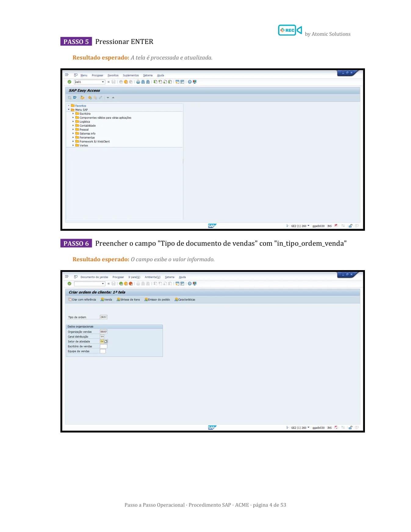 Steps page of a document generated by REC: numbered steps with expected results and SAP GUI screenshots